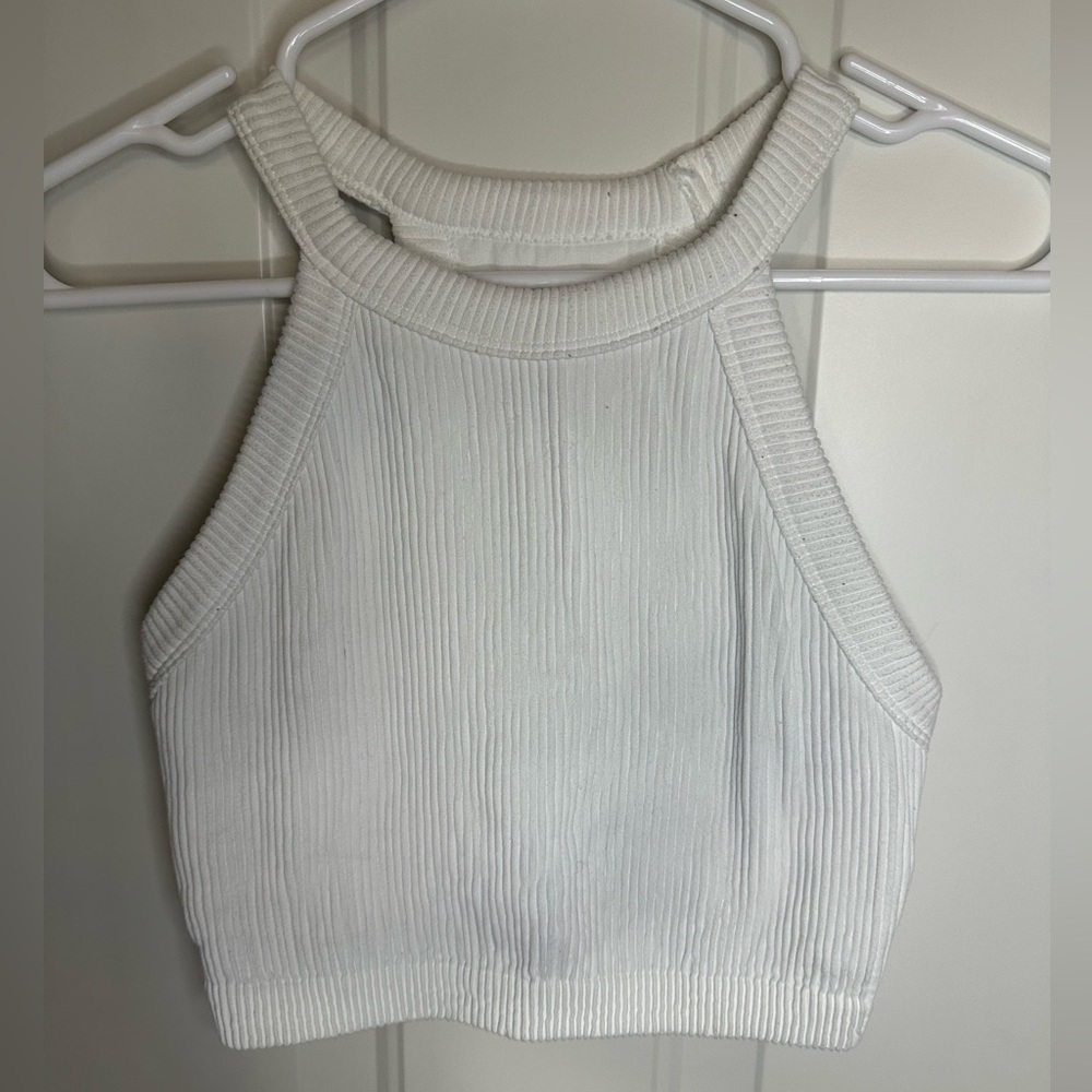 aerie White Ribbed High-Neck Crop Tank